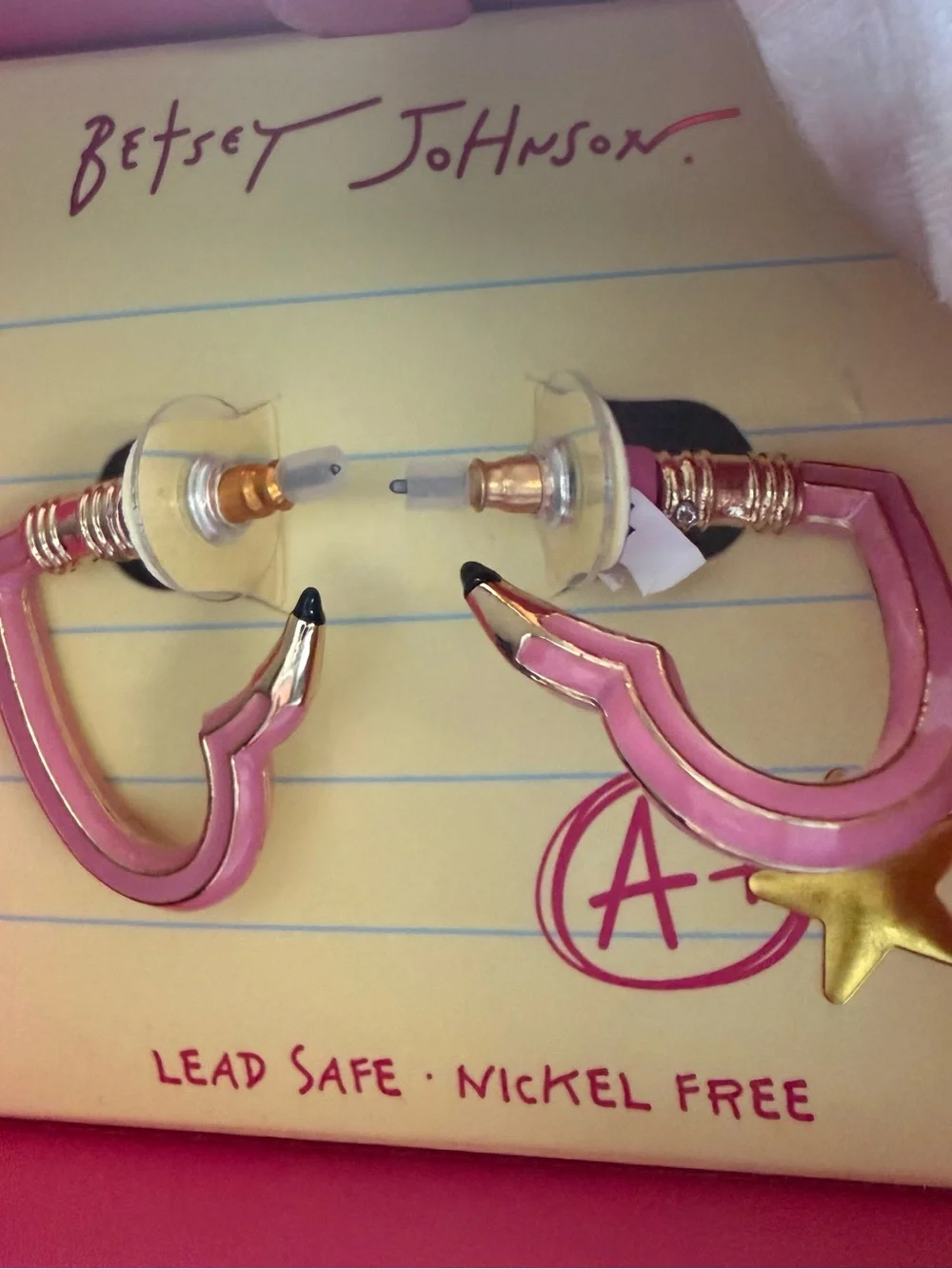 Betsey Johnson Pink Hoop Earrings with Yellow Star Accent